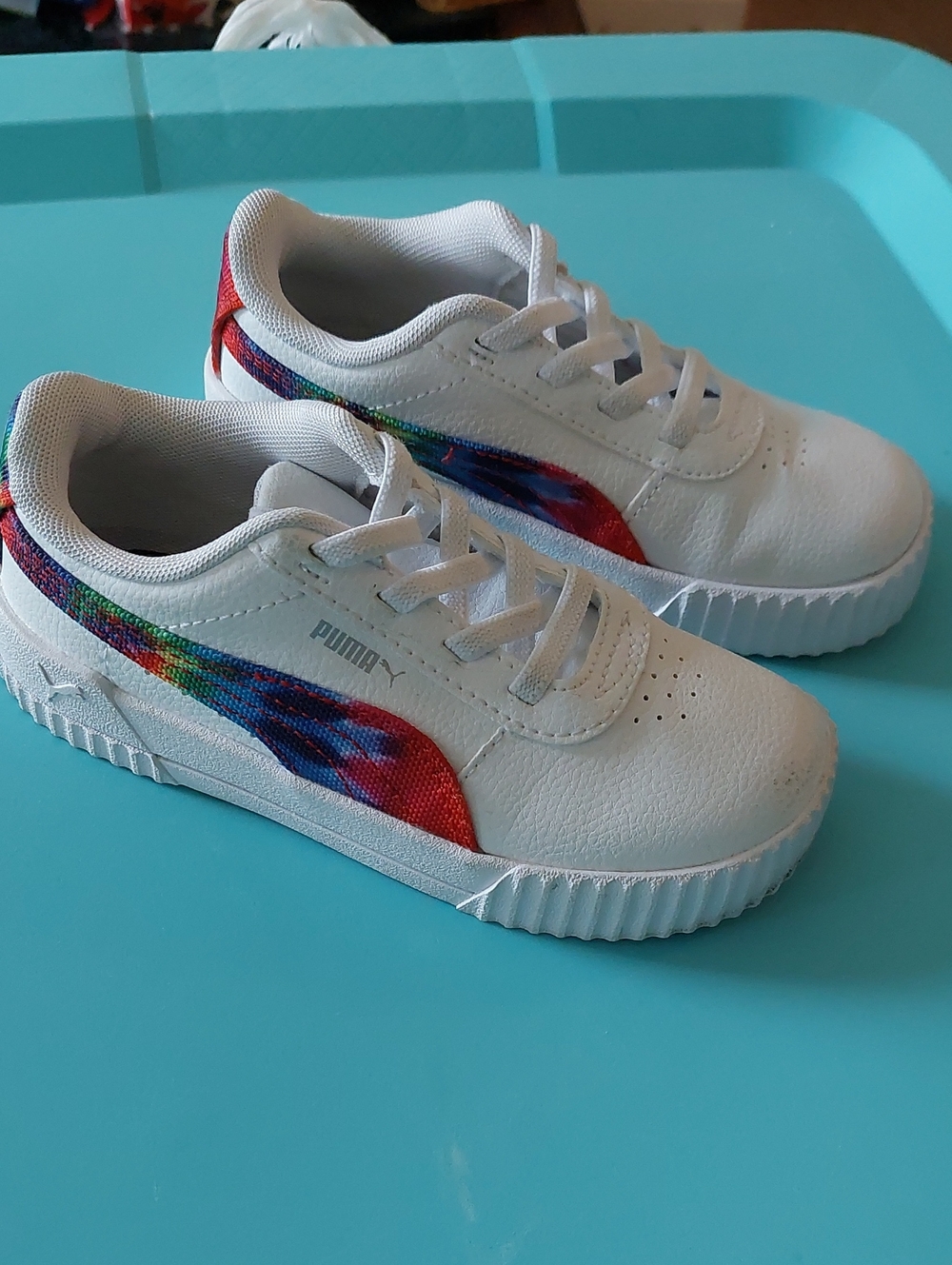 PUMA Kids Carina White Sneakers with Rainbow Accent~ Sz 10c. Pre-loved.
